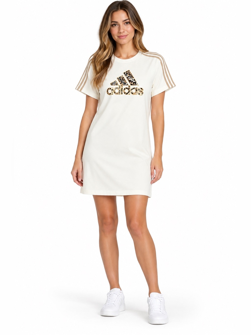 Adidas Women’s BOS Leo Dress XS Cream Leopard Logo 3 Stripe T-Shirt Dress NWT